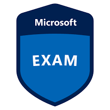 A blue shield with the word EXAM in white and Microsoft above in blue.