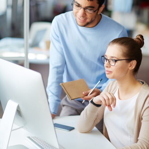 Two business colleagues discussing ideas at the computer.